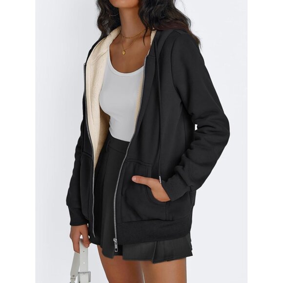 Womens Black Fleece Lined Zip Up Hoodie Jacket Winter Sweatshirt Fall Coat - Picture 3 of 5